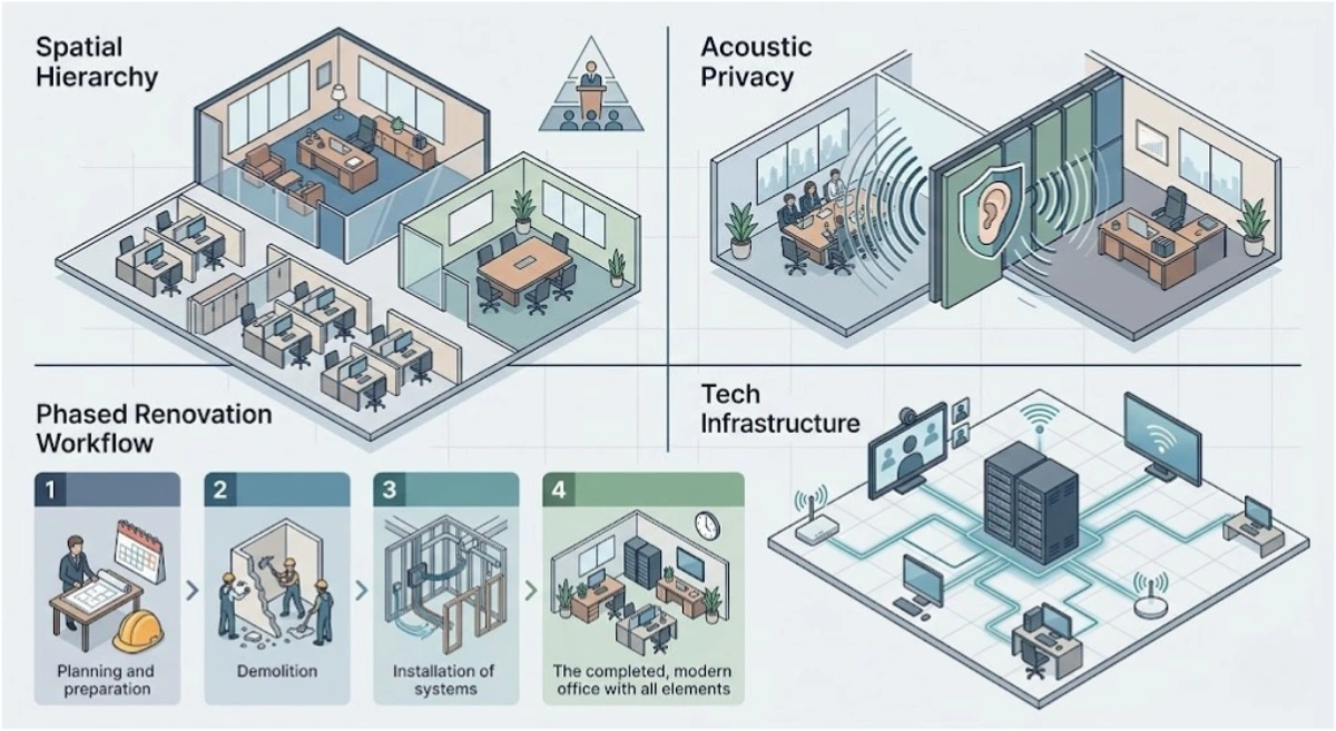Minimalist architectural infographic illustrating modern law firm office design principles across four quadrants: spatial hierarchy layout, acoustic privacy solutions, phased renovation workflow, and technology infrastructure networks.